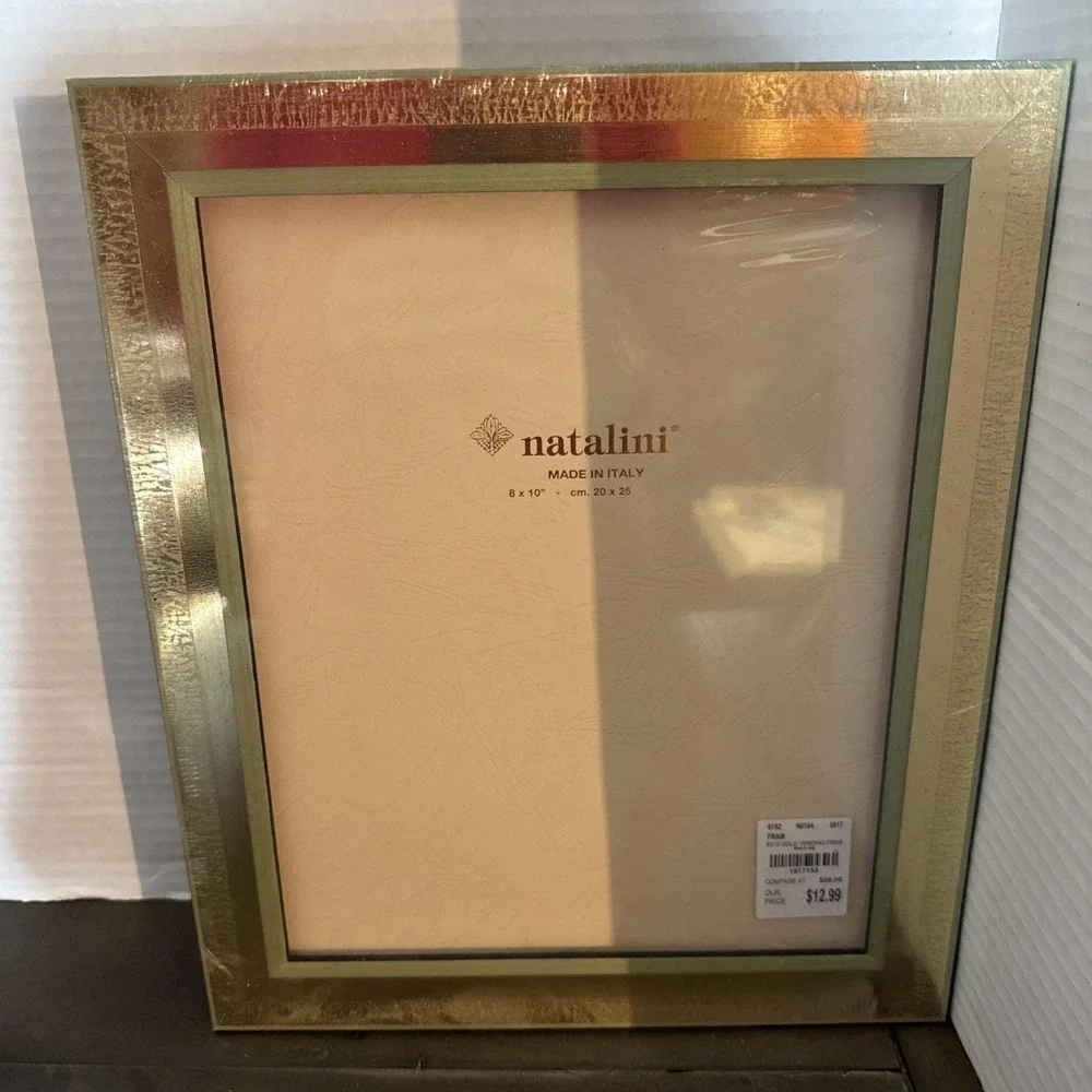 Vintage Natalini Italy 8 X 10 Inlaid Green and Gold Frame Pink Felt Back NWT